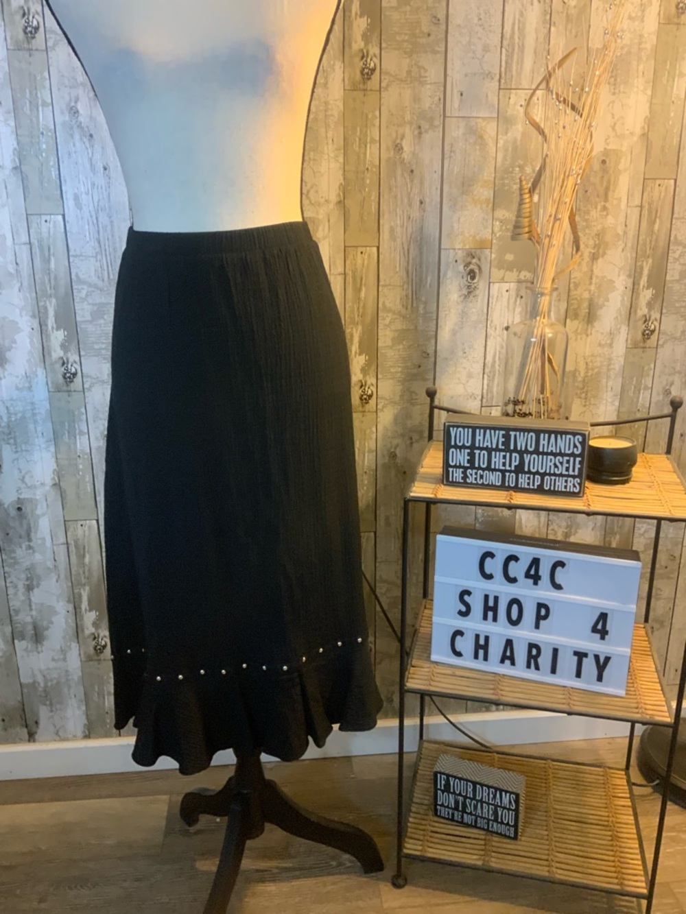 JM Collection Black Midi Skirt with Ruffled Hem and Stud Trim